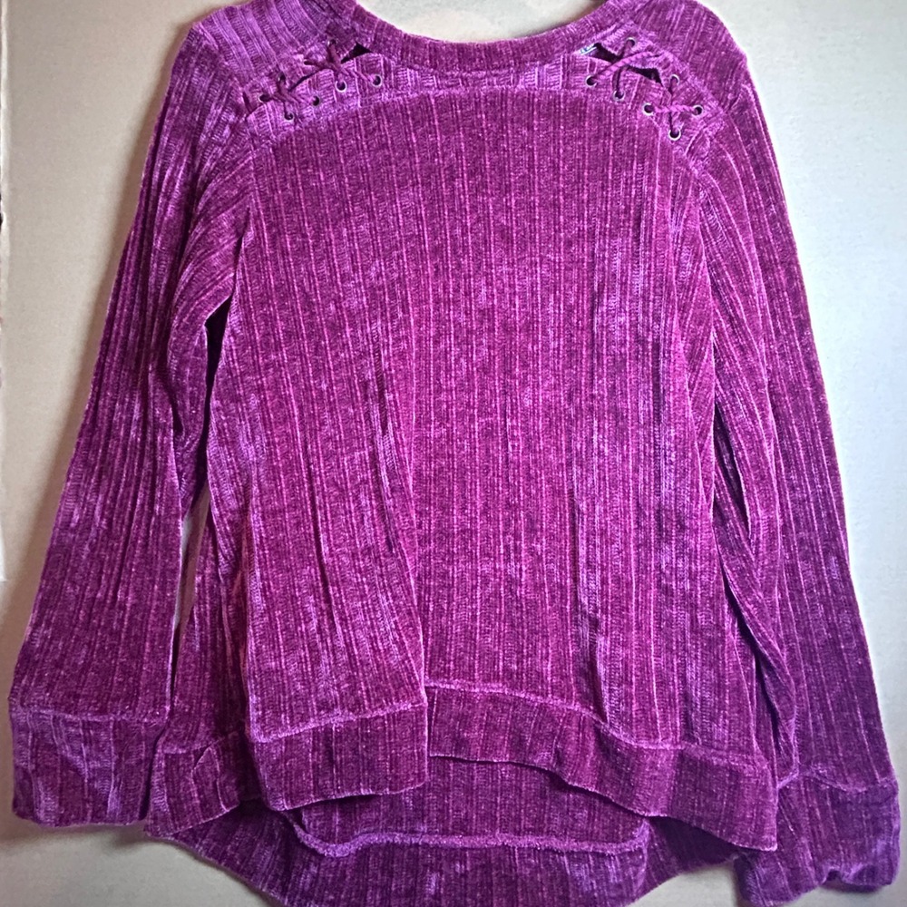 Knox Rose Velvet Ribbed Lace Up Shoulder Detail Pullover Sweater Top M